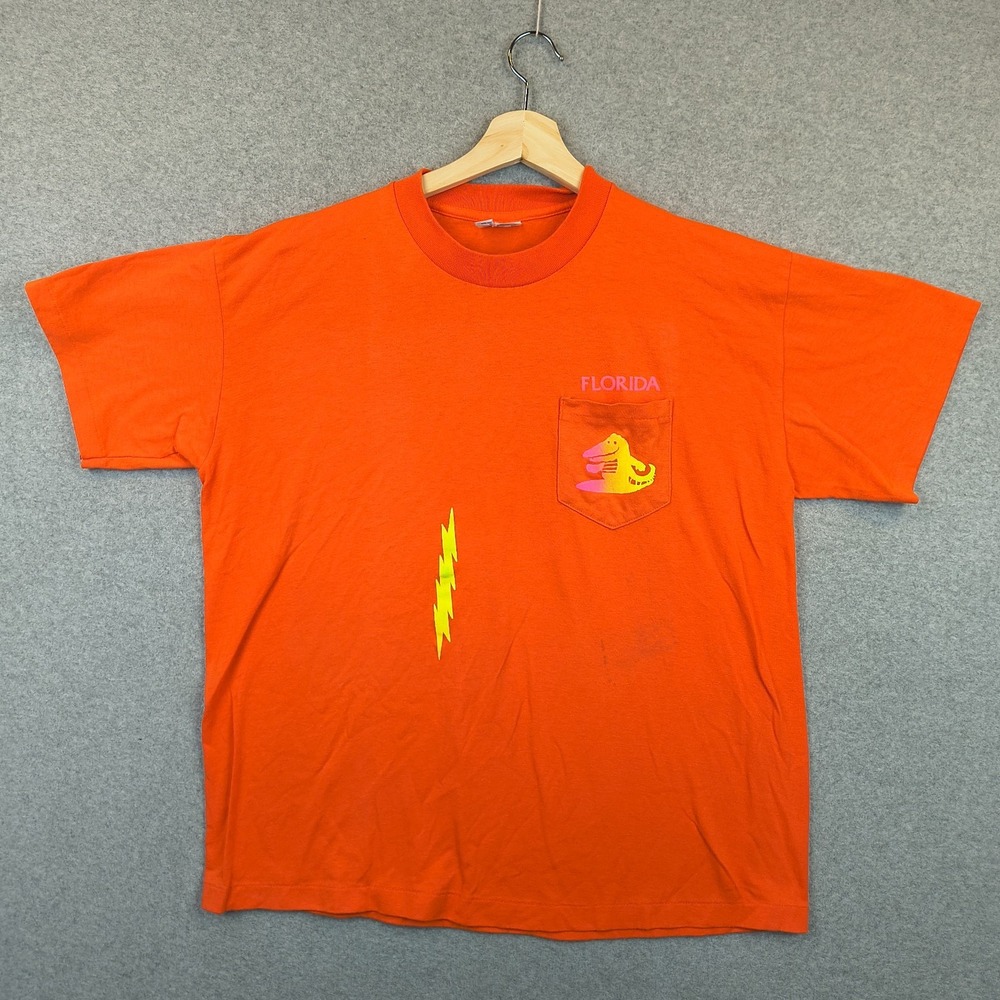 Vintage Florida Alligator Shirt Mens XL Orange‎ Single Stitch Lightning Bolt 80s